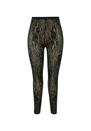 Leggings in pizzo nero con intricati motivi floreali e geometrici, una consistenza liscia e una vita elastica per un look aderente.