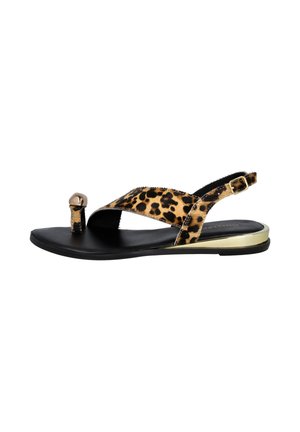 Sandalia plana negra con tiras de estampado de leopardo, anillo metálico en el dedo y detalle dorado en el talón, con cierre ajustable de hebilla.