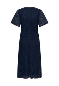 Dark blue lace midi dress with short sleeves, fitted waist, and a back zipper closure.