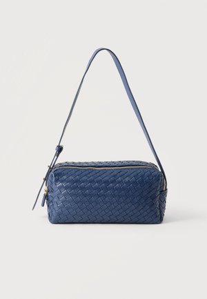 Blue rectangular handbag with woven leather pattern, gold zipper, and adjustable shoulder strap against a plain light background.