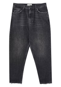Jeans de mezclilla negra con un ajuste holgado, que presentan un dobladillo deshilachado, un diseño de cinco bolsillos y un ligero desgaste en la parte frontal para un efecto envejecido.