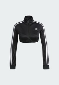 Black zip-up jacket with long sleeves, cropped design, white three-stripe accents along sleeves, and a small logo on the chest.