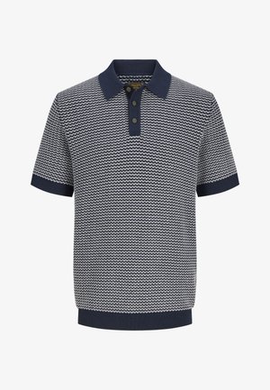 Polo da uomo a maniche corte in maglia blu navy e bianca con motivo a onde, abbottonatura a tre bottoni, collo, maniche e orlo a costine.