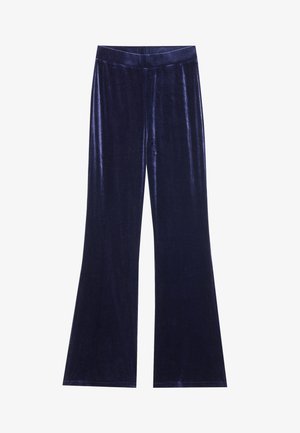 Pantalons large en velours bleu foncé avec une taille ajustée et sans poches visibles ni embellissements.
