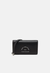 Black leather wallet with a textured finish, featuring silver logo accents and a detachable shoulder strap for versatility.