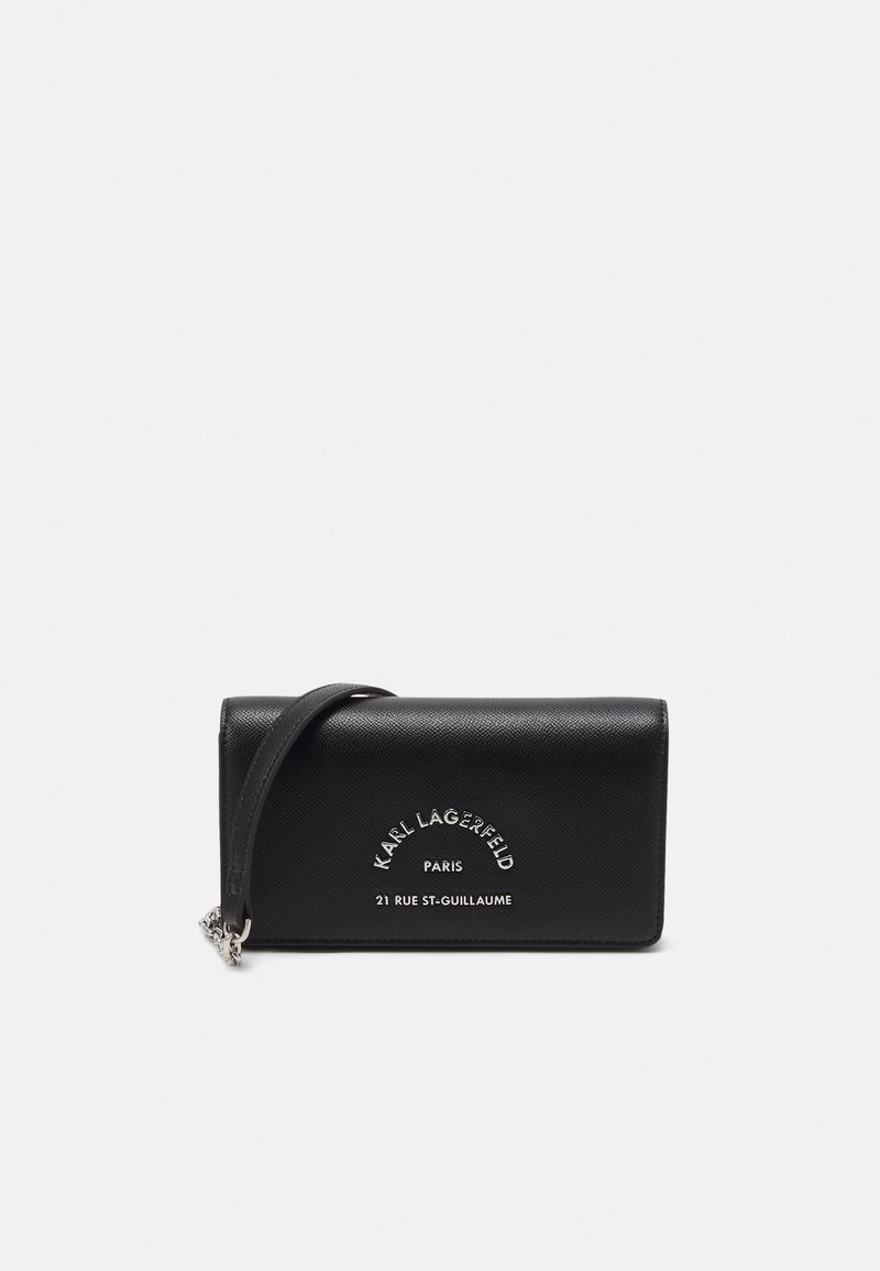 Black leather wallet with a textured finish, featuring silver logo accents and a detachable shoulder strap for versatility.