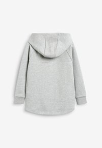 Grauer Kapuzenpullover mit Kordelzug, langen Ärmeln und abgerundetem Saum. Hergestellt aus weichem Stoff mit glatter Textur.