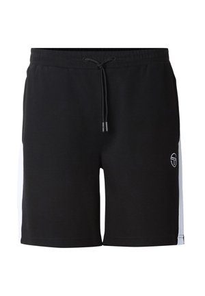 Black athletic shorts with adjustable drawstring waist and white side panels, featuring a small logo on the right leg.