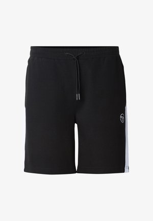 Black athletic shorts with adjustable drawstring waist and white side panels, featuring a small logo on the right leg.