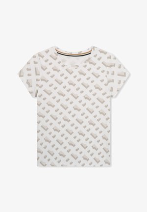 Tricou cu mânecă scurtă din țesătură albă cu un model geometric bej. Are un decolteu rotund și un tiv drept. Material moale din bumbac.