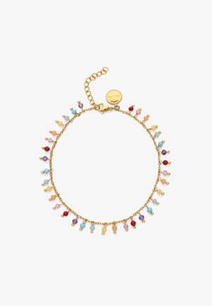 Tobillera de cadena de oro con pequeñas cuentas de colores en tonos pastel y brillantes, distribuidas de manera uniforme alrededor de la cadena y una etiqueta redonda de cierre dorado.