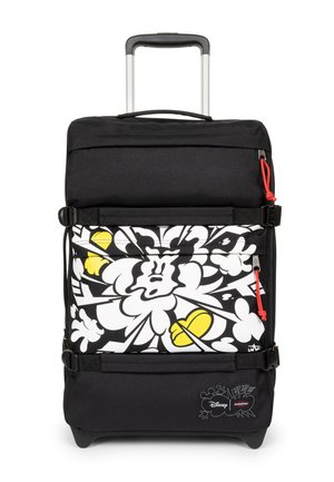 Schwarzer Rollkoffer mit ausziehbarem Griff, mit weißem und gelbem Cartoon-Motiv und roten Reißverschluss-Zügen.