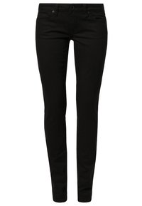 Jean slim noir avec cinq poches, fermeture par bouton et passants de ceinture, présenté sur un fond blanc uni.