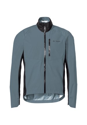 Leichte, wasserdichte Jacke in Schieferblau mit schwarzen Seiten. Verfügt über einen hohen Kragen, einen vollständigen Reißverschluss und eine vordere Tasche mit Reißverschluss. Glatte Textur.