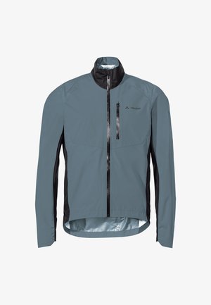 Leichte, wasserdichte Jacke in Schieferblau mit schwarzen Seiten. Verfügt über einen hohen Kragen, einen vollständigen Reißverschluss und eine vordere Tasche mit Reißverschluss. Glatte Textur.