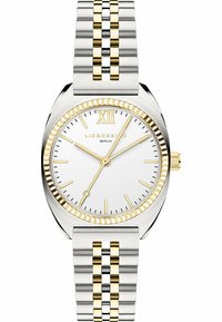 Silberne und goldene Armbanduhr mit rundem weißem Ziffernblatt, goldenen Akzenten und römischer Ziffer XII oben. Verfügt über minimalistische Stundenmarkierungen und Zeiger.