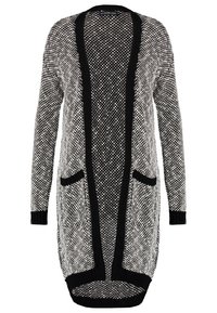 Kardigan s otevřeným předním dílem v černobílé pletené vzoru. Má dlouhé rukávy, dvě přední kapsy a žebrovaný límec a lem.