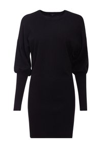Abito in maglia nero con maniche lunghe e aderenti e scollo a barca. Il design include dettagli arricciati sulle spalle.