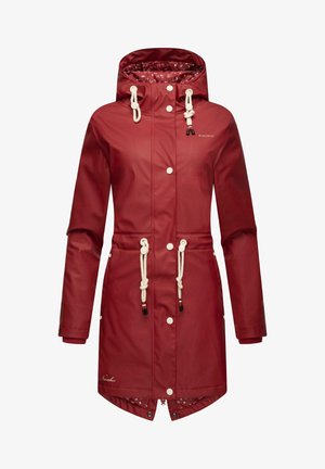Red waterproof parka with a drawstring hood, front buttons, and elastic cuffs. Features a floral-patterned interior lining and adjustable waist.