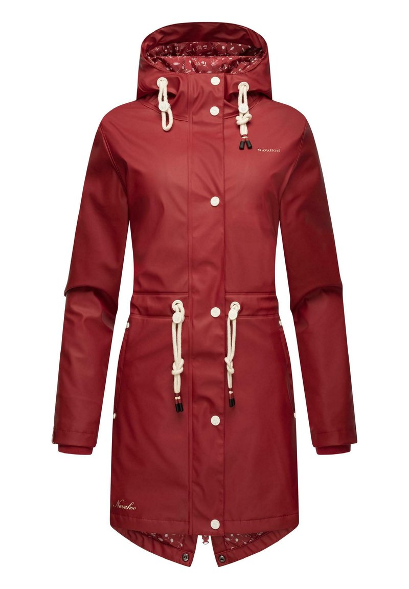Rote wasserdichte Parka mit verstellbarem Kapuzenzug, Knöpfen vorne und elastischen Bündchen. Verfügt über ein Blütenmuster-Futter und einen verstellbaren Taillenbund.