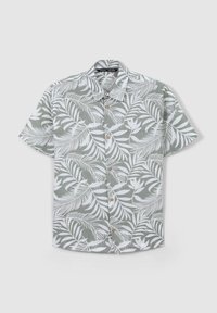 Camicia a maniche corte di color verde chiaro con motivo a foglie bianche. Presenta un colletto, bottoni frontali e una vestibilità comoda.