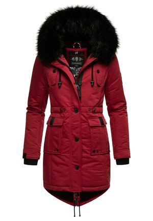 Red parka jacket with a black faux fur hood, cinched waist, multiple front pockets, adjustable drawstring, and ribbed cuffs.