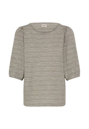 Blouse à carreaux gris avec des manches bouffantes trois-quarts, un col rond et un tissu texturé. Le motif présente de petits carrés de tailles variées.