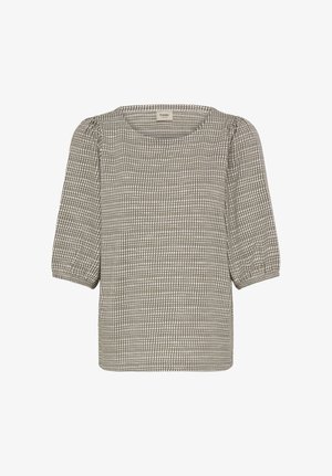 Hallja hallide ruutudega pluus, millel on kolmveerand varrukad, ümar kaelus ja tekstureeritud kangas. Muster koosneb erineva suurusega väikestest ruutudest.