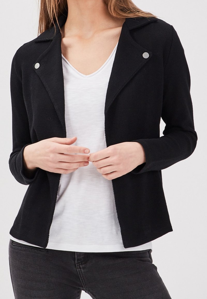 Giacca nera texturizzata con collo a lancia, chiusa con bottoni d'argento, indossata sopra una camicia bianca con scollo a V e jeans scuri.