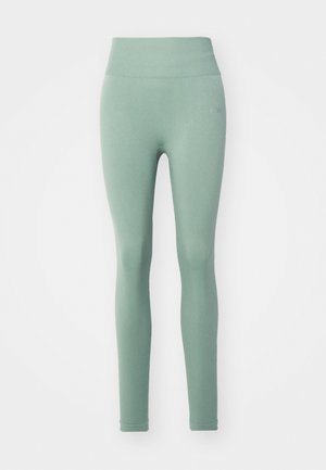 Leggings de cintura alta, justos e em verde claro. Feitos de um tecido elástico com uma textura suave. Sem padrões ou materiais notáveis.