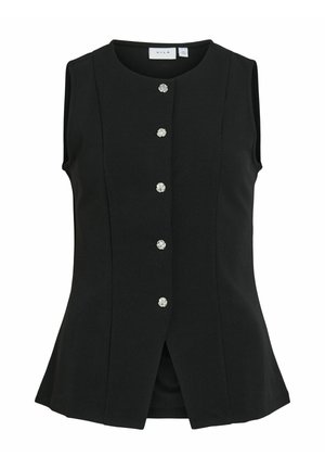 Top sin mangas negro con escote redondo, botones en la parte delantera y costuras verticales. Presenta acentos decorativos similares a gemas en los botones. Dobladillo acampanado.