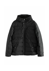 Schwarze Steppjacke mit Kapuze, ausgestattet mit einem Reißverschluss vorne, zwei oberen Klappentaschen und zwei Seitentaschen. Hergestellt aus glattem Stoff mit matter Oberfläche.