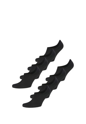 Zehn Paar schwarze, niedrig geschnittene, nicht sichtbare Knöchelsocken, diagonal auf weißem Hintergrund angeordnet.