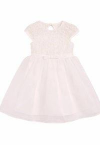 Weißes Kleid mit besticktem Überzug, kurzen Kapellenschultern, tailliertem Oberteil, auslaufendem Rock und einer kleinen Schleife in der Taille. Schlüsselanfangsverschluss am Rücken.