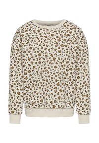 Sweatshirt en imprimé léopard crème avec des taches brunes. Doté d'un col rond et de poignets côtelés. Fabriqué en tissu doux pour un confort optimal.