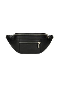 Marsupio in pelle nera con superficie testurizzata, dotato di un compartimento principale con zip e una tasca frontale con zip decorata da dettagli in oro.