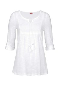 White, long-sleeve blouse with a round neckline, lace detailing at the chest, and adjustable tie with tassels. Lightweight, textured fabric.