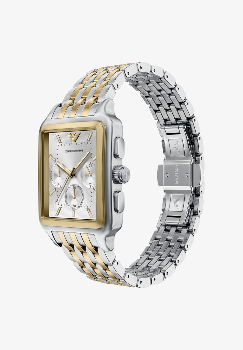 Edelstahluhr mit rechteckigem Gehäuse, silbernem Zifferblatt, goldenen Akzenten und einem zweifarbigen Gliederarmband. Verfügt über drei Hilfszifferblätter und eine Krone.