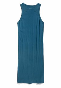 Ein ärmelloses, knielanges Kleid in einem tiefen Teal-Farbton. Hergestellt aus einem gerippten Strickstoff mit vertikaler Struktur und Logo-Akzenten am Ausschnitt.