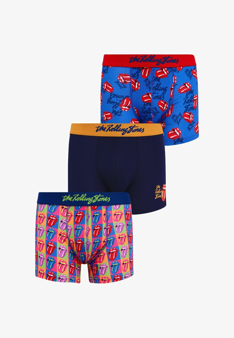 Drei Herren-Boxershorts mit dem The Rolling Stones-Logo; eine blaue mit roten Zungen, eine marineblaue mit gelbem Bund, eine mehrfarbige mit Zungenmuster.