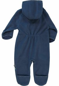 Yksivärinen tummansininen fleecesetti hupulla, pitkähihaisilla hihoilla ja elastisilla hihansuilla. Varustettu takana olevalla vetoketjulla ja kootulla vyötäröllä tiiviimpää istuvuutta varten.