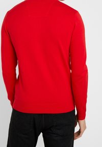 Pull en tricot rouge avec un ourlet et des poignets côtelés, présentant un design simple et une texture lisse. Vu de dos sans marque visible.