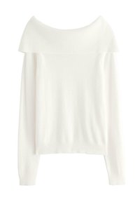 Maglione bianco scivolato sulle spalle con trama a coste sullo scollo e sui polsini. Maniche lunghe e corpo aderente. Tessuto morbido e leggero.