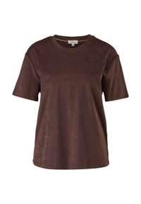 T-shirt en velours marron à manches courtes avec col rond et coupe régulière.