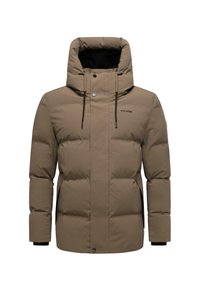 Brun puffjakke med høy krage, glidelåslukking og svarte snorer. Teksturt stoff med synlige sømmer og knapper.