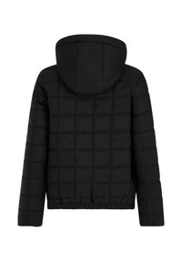 Giacca nera trapuntata con cappuccio, orlo elastico e maniche lunghe, mostrata dal retro su uno sfondo bianco.