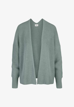 Zachte gebreide open-front cardigan in gedempte saliegroene kleur met lange geribde mouwen en een losse pasvorm.