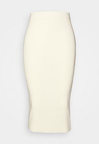 Knit pencil skirt in cream color, featuring a ribbed texture, a fitted silhouette, and a mid-length design with a seamless waistband.