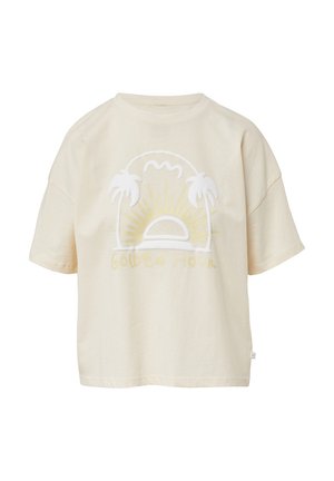 Kurzärmliges, cremefarbenes Baumwoll-T-Shirt mit einem grafischen Design mit Palmen, Sonne und dem Text "GOLDEN HOUR" in Gelb.