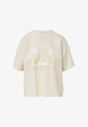T-shirt en coton à manches courtes, de couleur crème, avec un design graphique représentant des palmiers, un soleil et le texte "GOLDEN HOUR" en jaune.